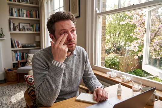 A man is sitting at a wooden desk by a large window in his home office. He is applying eye drops and seems to be deep in thought. Flowers can be seen outside