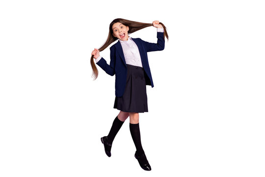 Full length body size profile side view of her she nice crazy foolish playful cheerful cheery long-haired girl making tails having fun isolated violet lilac purple pastel color background