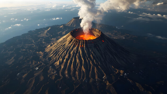 Active Volcano Erupting Lava and Smoke Aerial View of Volcanic Landscape with Molten Rock