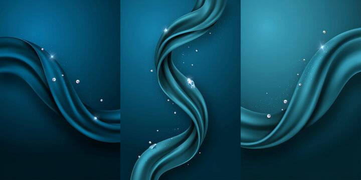 Animated 4K luxury royal blue silk fabric waves background with floating glowing golden stars and an elegant bokeh loop