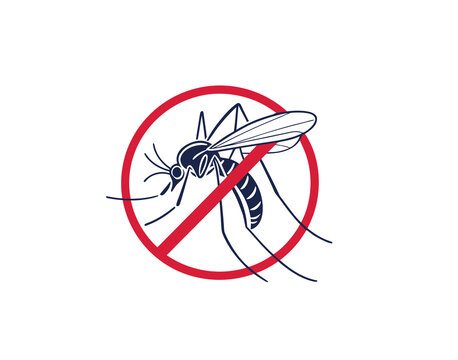Mosquito prohibition sign with stop symbol for insect control and prevention. Clean warning icon promotes mosquito protection, pest management, public health, and sanitation awareness. Editable vector