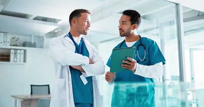 Tablet, medical team and men talking with schedule, clinical guidelines or feedback for results. Healthcare, happy doctor and nurse with tech for coordination, help or review records in hospital