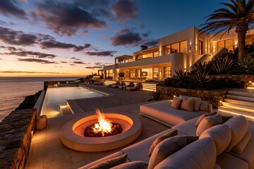 Fototapeta premium 豪華な夕暮れの海辺の邸宅と焚き火が燃えるプールサイドの風景
