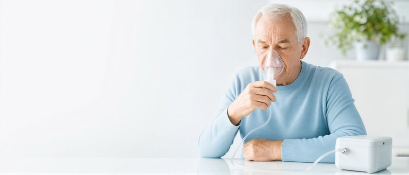 Senior man using nebulizer mask for respiratory therapy at home. Elderly patient inhaling medicine to treat lungs disease. Banner with copy space