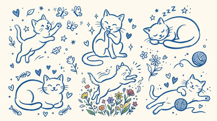 Obraz premium Cute cat doodle collection featuring kittens sleeping, chasing butterflies, playing with yarn ball, and jumping in hand drawn line art vector style
