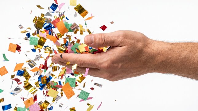 Hand releasing colorful confetti against white background