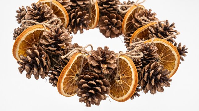 Rustic christmas wreath of pinecones and dried oranges tied with twine