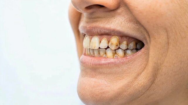 Smiling woman revealing stained teeth in a cinematic motion video clip highlighting dental health issues with close up camera angles