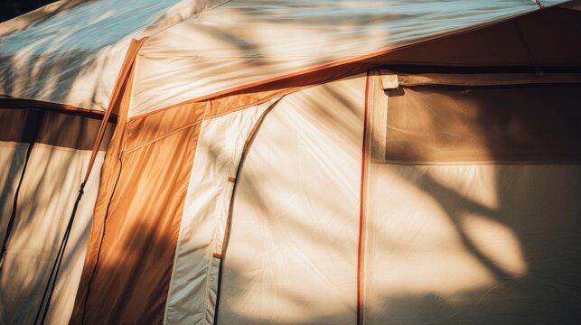 A close-up shot of a corner of the camping tent on the green grassland 