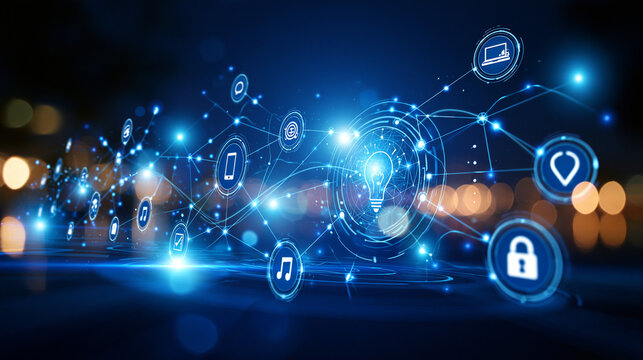 Concept diagram of an intelligent automated workflow with connected glowing digital icons representing machine learning system integration bright clean background with blue