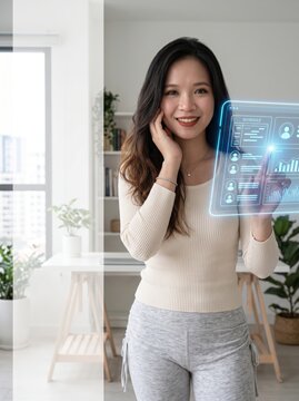 Young Asian Woman Using Futuristic Digital Interface at Home for Artificial Intelligence Technology Data Analytics and Smart Lifestyle Concept