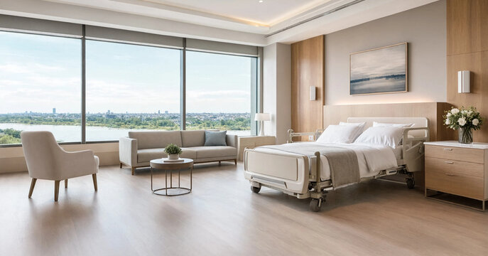 Upscale clinical recovery room featuring adjustable patient bed comfortable sofa armchair wide window view of river and parkland hospital recovery healthcare interior facility treatment
