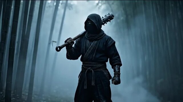 Mysterious hooded ninja warrior stands in dense foggy bamboo forest holding heavy spiked mace weapon for dramatic action movie footage