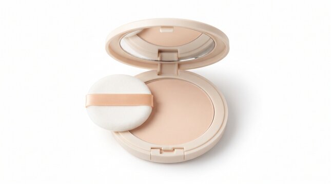 open compact powder case with mirror isolated on clean background representing face makeup, beauty cosmetics and elegant everyday cosmetic accessories concept