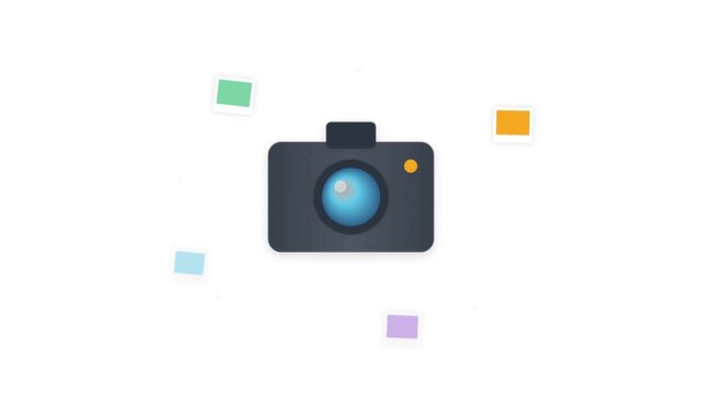 Camera icon with colorful floating confetti on white background