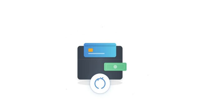 Digital wallet with credit card and money transaction animation