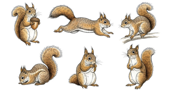 A 3x2 grid arrangement of six distinct and unique cute squirrel illustrations capturing playful forest animals in various natural poses and activities