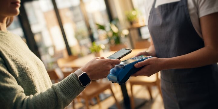 Contactless mobile payment transaction featuring smartphone NFC technology, card reader terminal and digital transfer, representing modern financial convenience and retail service