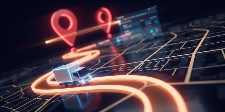3D delivery truck on digital map displaying glowing route lines, red location pins and tracking dashboard, representing smart logistics and efficient supply chain management
