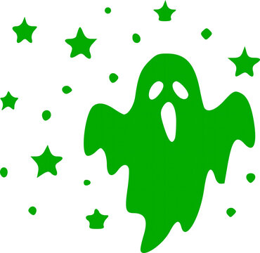 Green silhouette Halloween icon featuring a creepy floating spooky ghost monster surrounded by glowing magic stars vector graphic design element for fall