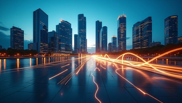 Modern downtown skyline at dusk, riverside pavement with swirling golden light trails, reflective water, cool blue sky
