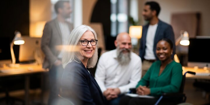 Confident senior businesswoman and corporate team showing modern office environment, diverse colleagues and executive leadership, representing workplace inclusion and business success