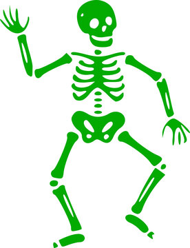 Green silhouette Halloween icon featuring a creepy funny dancing human skeleton with bone anatomy vector graphic design element for spooky autumn art