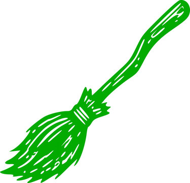 Green silhouette Halloween icon featuring a classic flying magic witch broomstick sweeping tool vector graphic design element for creepy seasonal fall art