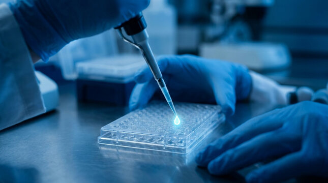 Scientist Hands Using Pipette to Inject Glowing Serum into Well Plate for DNA Therapy and Genetic Editing Research