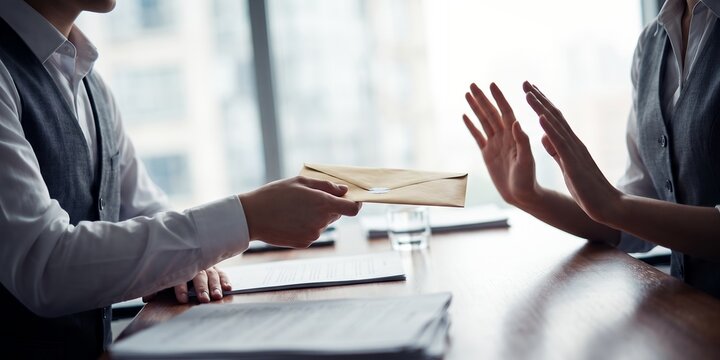 Businesspeople in corporate office showing rejection of bribe envelope, hand stop gesture and corrupt money offer, representing anti corruption policy and ethical decision making