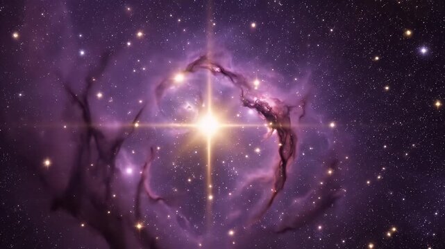 A vibrant purple bubble nebula with a circular ring structure and a starry cosmic backdrop