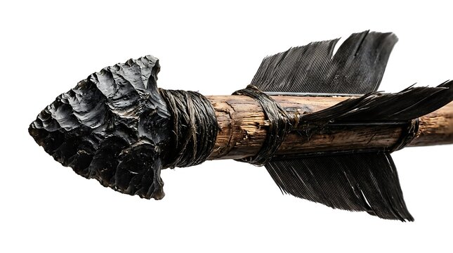 Ancient handmade arrow with a sharp black stone arrowhead and dark feathers for hunting