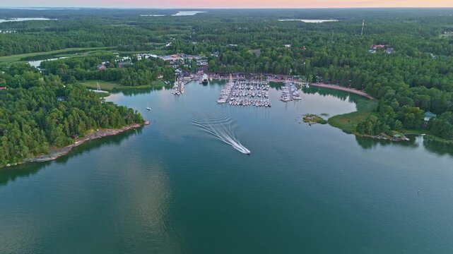  Aerial drone view of Nauvo harbor with boats and yachts in Turku Archipelago Finland