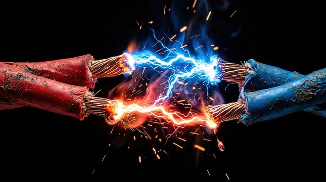 Striking electrical discharge between frayed red and blue power cables creating bright blue and orange sparks against a dark background representing dangerous energy connection.