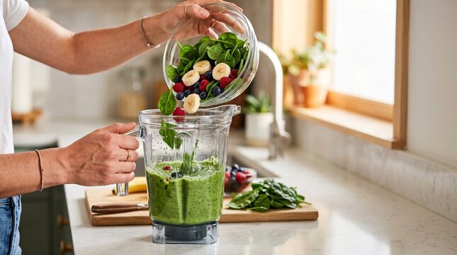Fresh Green Smoothie Preparation: A person is preparing a vibrant green smoothie by adding fresh ingredients like spinach, berries, and banana into a blender in a bright kitchen.