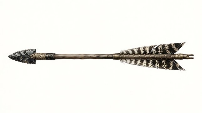 Traditional handmade wooden arrow with sharp stone arrowhead and natural bird feathers