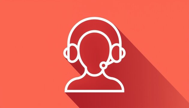 Minimalist customer support icon, white line art call center operator on red background, professional help desk avatar with headset