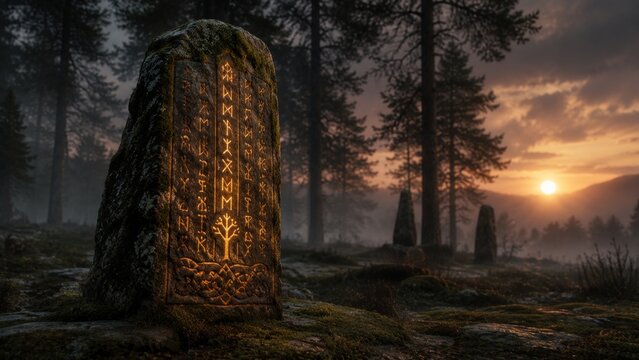 Ancient runestone with glowing Norse symbols standing in mystical forest at sunset. Viking culture monument with carved tree design. Historical archaeological relic and folklore concept.