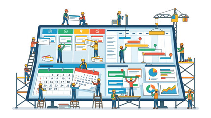 Fototapeta premium Project Management Concept with Construction Workers on Computer Screen