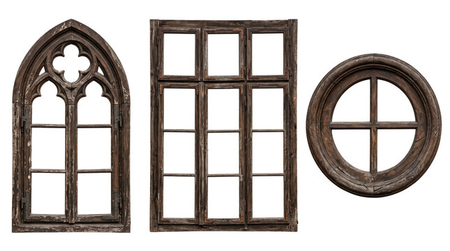 Vintage haunted window frames isolated on white background, decorative overlays for Halloween and gothic compositions.