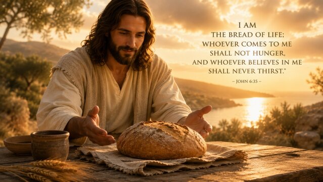 Jesus serving bread on a wooden table at sunset. Man representing religious faith and spiritual nourishment. Biblical quote from John 6:35. Concept of Christian devotion and peace.