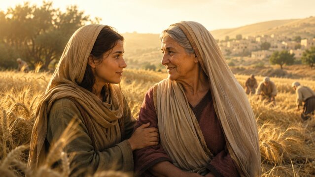 Young woman and elderly woman in ancient clothing standing in wheat field. Biblical scene depicting daughter-in-law and mother-in-law. Religious history, culture, and family connection.