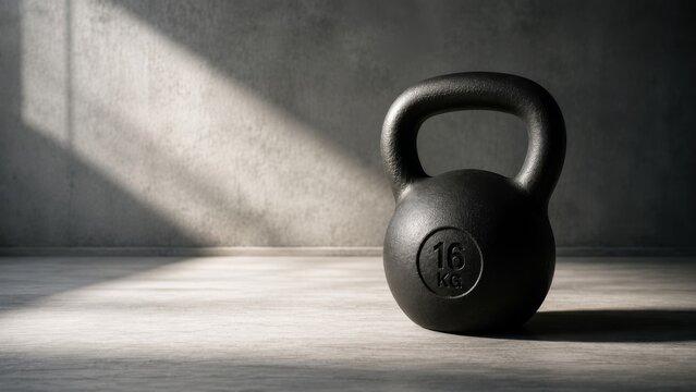 Black sixteen kilogram kettlebell on wooden floor against concrete wall. Heavy fitness equipment for strength training and bodybuilding. Sports gear for workout routine and weight lifting.