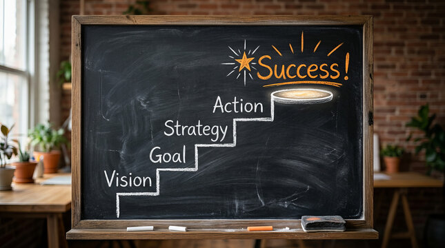 Business success and strategic planning concept showing growth steps drawn with chalk on a blackboard