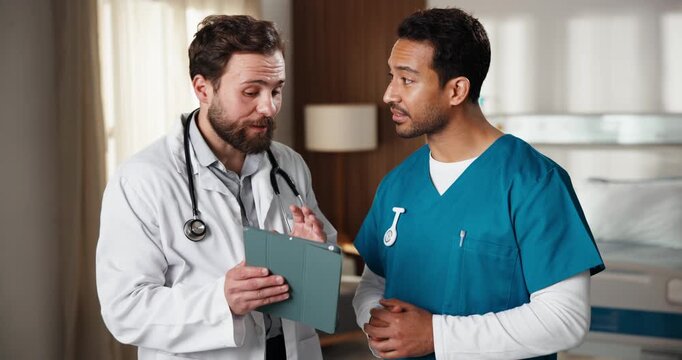 Doctor, nurse and talk in hospital with tablet, smile and explain AI software for healthcare admin. Happy, men and team discussion in clinic with tech, medical research or download telehealth chatbot