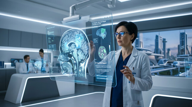Female doctor examining brain scan hologram with futuristic technology in a modern medical lab
