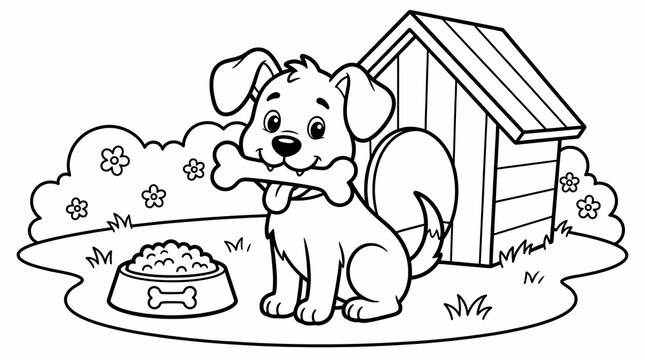 Playful cartoon puppy holding a bone by its doghouse. Adorable black and white illustration of a happy pet with a full food bowl, ideal for kids' coloring pages