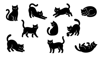 Obraz premium Set of black cat silhouettes in various poses isolated on transparent background