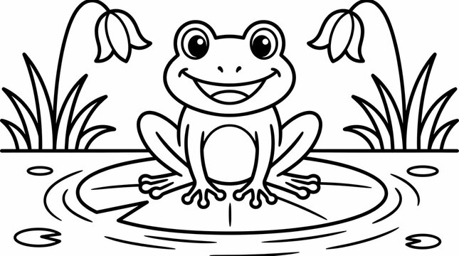 A cheerful cartoon frog enjoying a peaceful moment on a buoyant lily pad amidst the tranquil waters of a small pond, an idyllic scene for children's creative coloring and nature-themed illustrations
