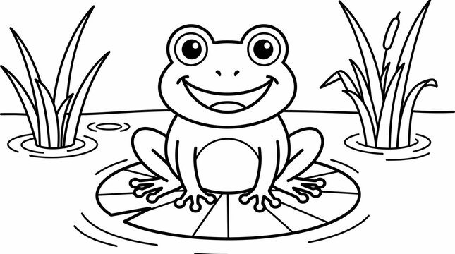 Whimsical frog on lily pad drawing with pond blossoms coloring page